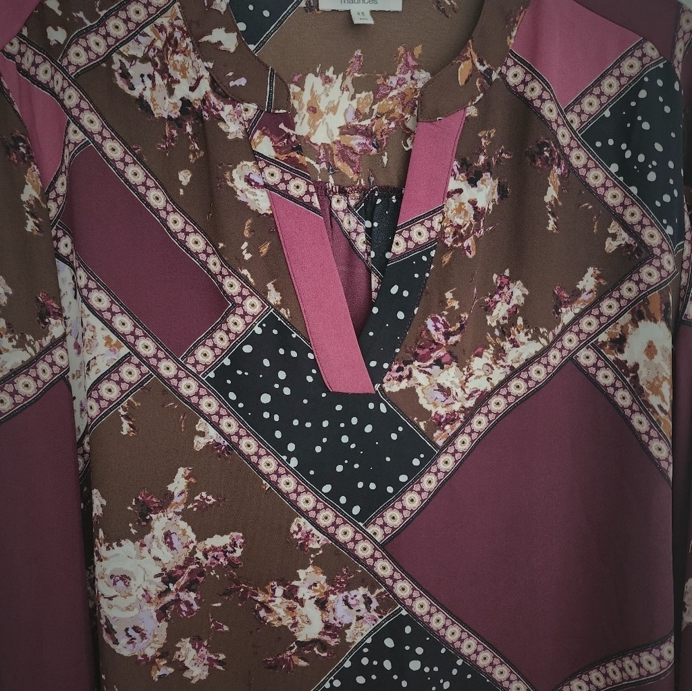 Maurices Patchwork Tunic Blouse Pullover Semi-Sheer Long Sleeve Button Cuff- M - Picture 6 of 13